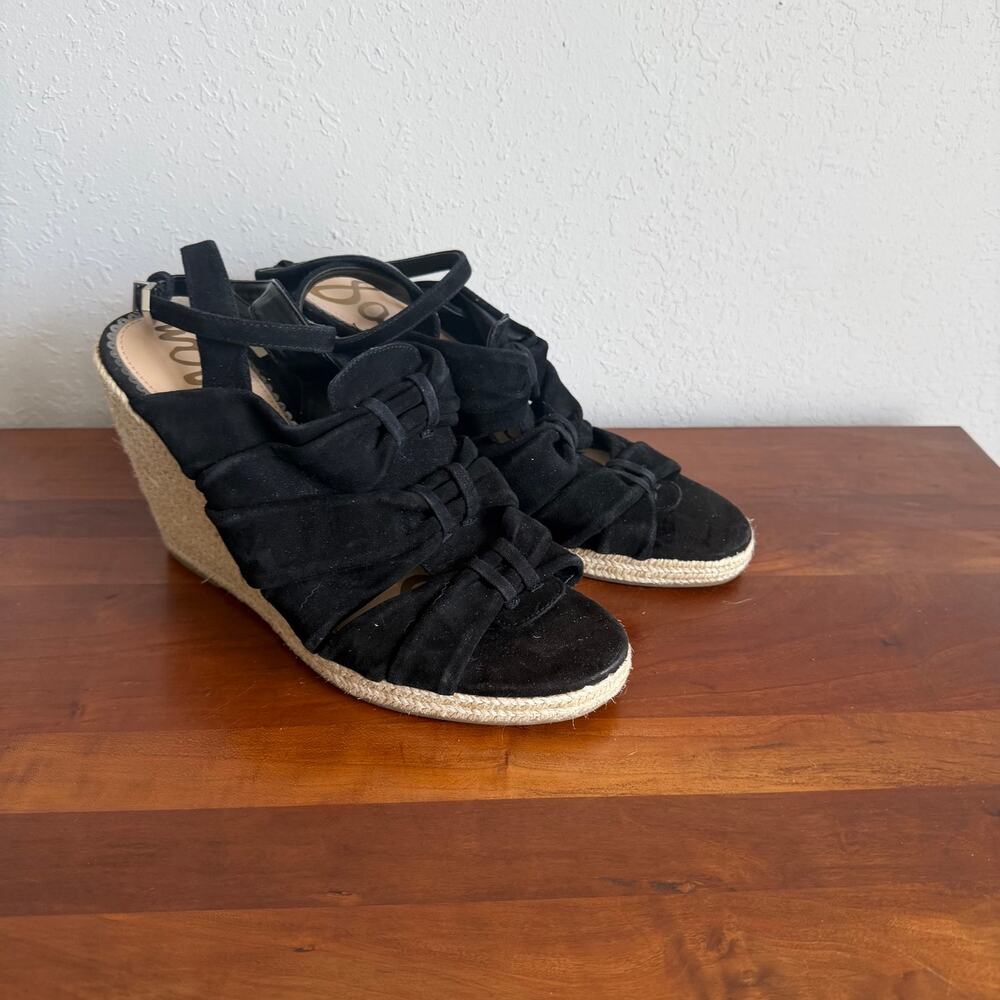 Sam Edelman Awan Black Suede Leather Espadrille Wedge Strappy Sandal Womens 8